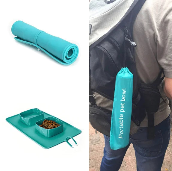 A light Blue (Sky) doggie travel bowl is shown stored and in a carrying bag.