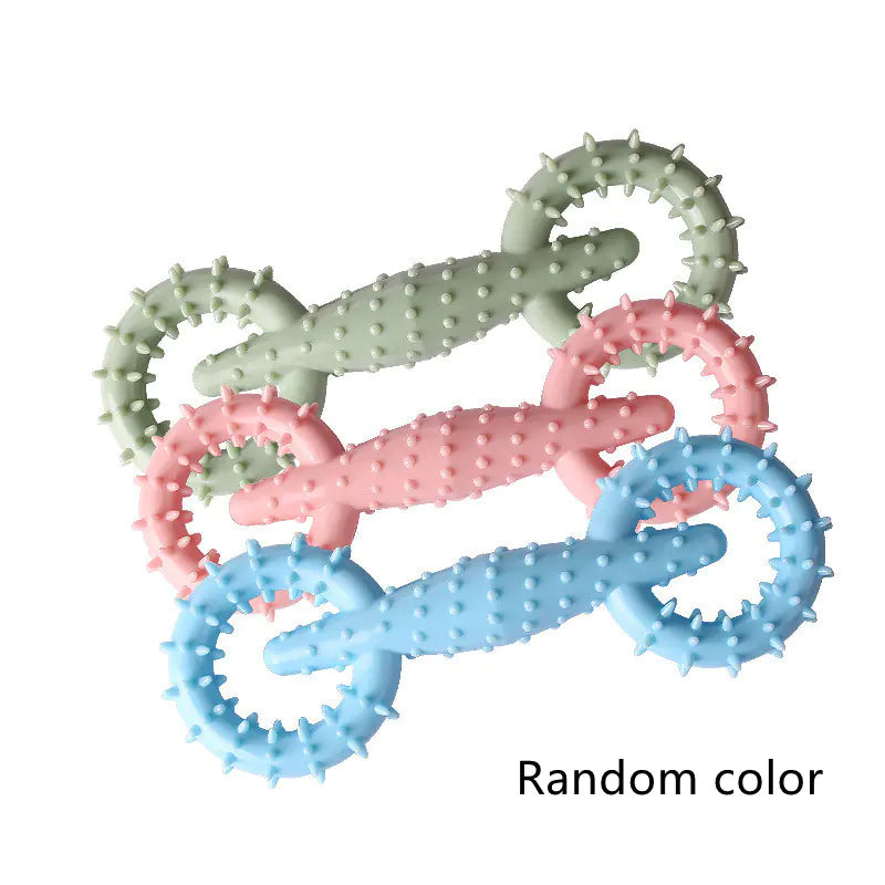 Three doggie chew toys in various colors. Spiked texture helps clean teeth and improves your dog's dental hygiene.
