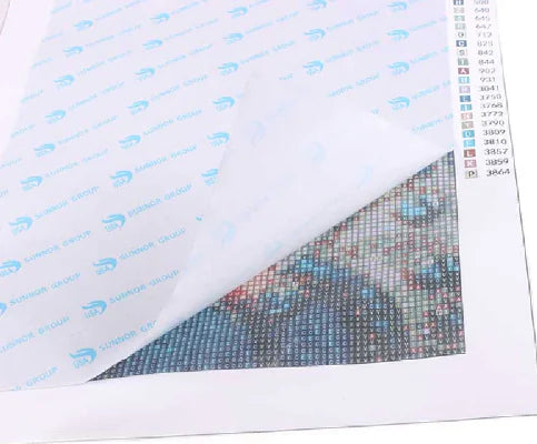 A diamond painting art kit featuring an image of a dog, with a layer of clear film on top and a grid-like pattern below.