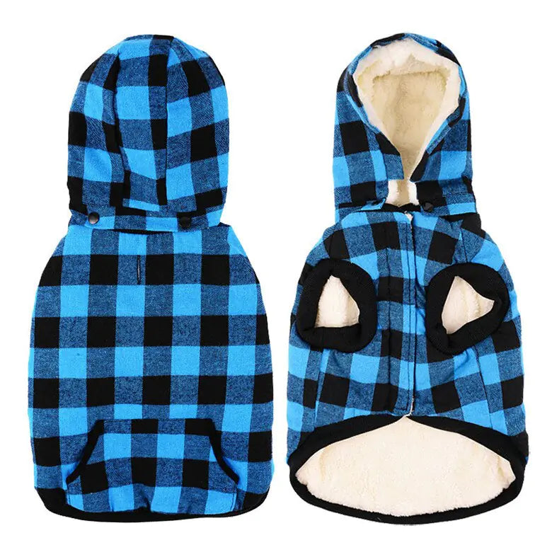 Plaid (Blue Check) polyester puppy hoodie with soft fleece lining, zipper enclosure and detachable hood, for chilly dog walks.