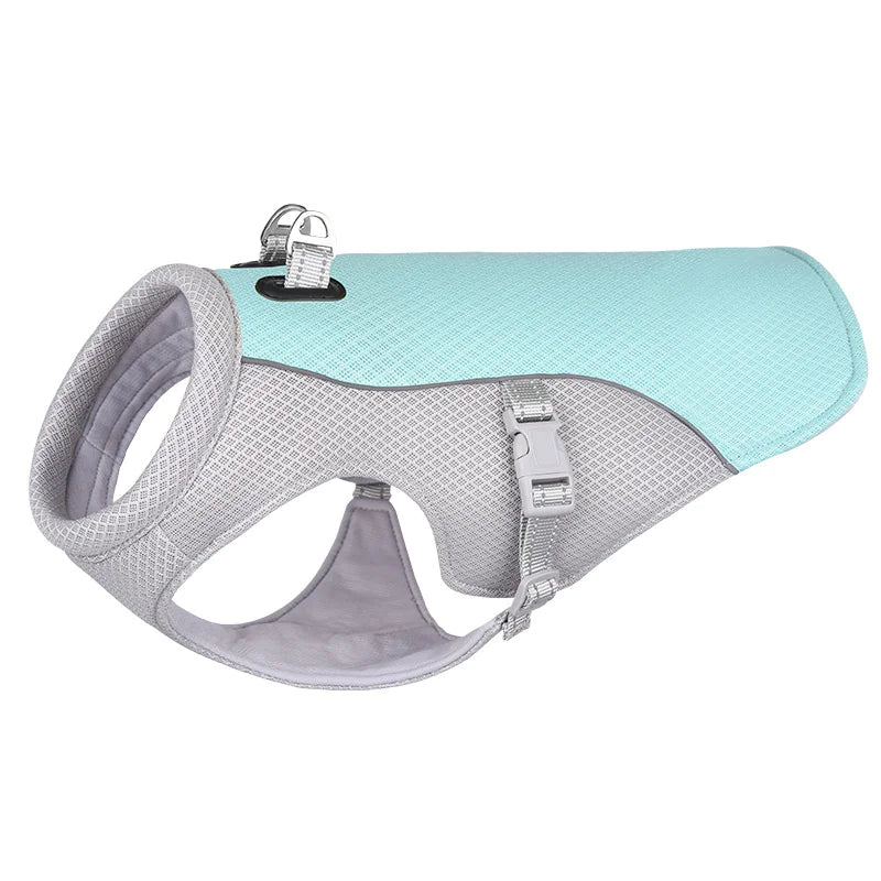 Blue and gray cooling vest for dogs, with breathable, lightweight, and moisture wicking material. Activated by soaking in water.