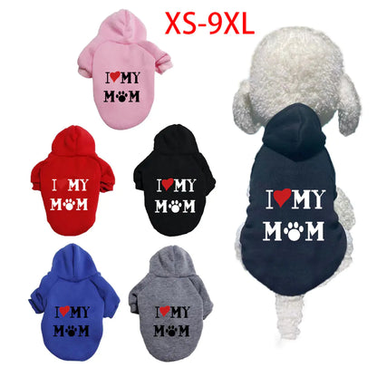 Collection of dog hoodies with 'I ❤️ MY MOM' text in various colors on a white background.