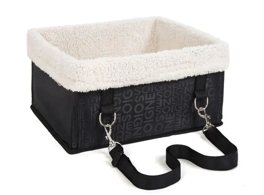 Black (Matte) pattern puppy car booster seat with beige interior and adjustable black straps. Carrier is lightweight & foldable.