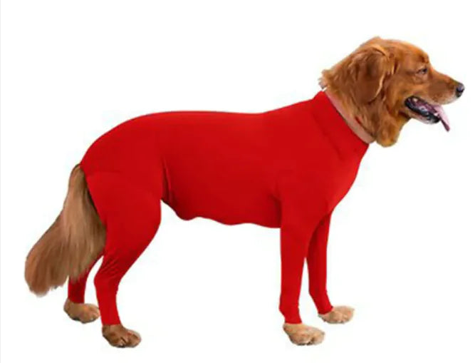 Puppy wearing a Red (Ruby)anti-anxiety jumpsuit. Soft and breathable jumpsuit applies gentle pressure to reduce stress.
