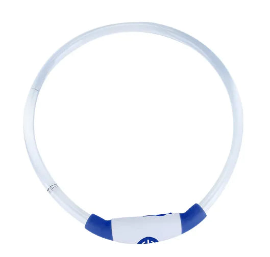 A blue and white LED rechargeable pet collar made of nylon, with a visible LED light section for safety during night strolls.