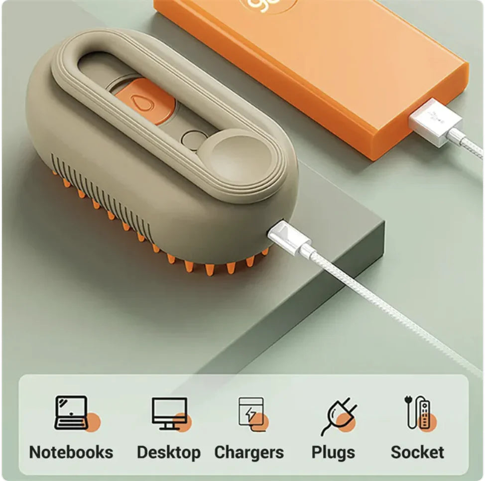 Brown rechargeable adjustable grooming brush with steamer for pets  being charged and showing charging sources.