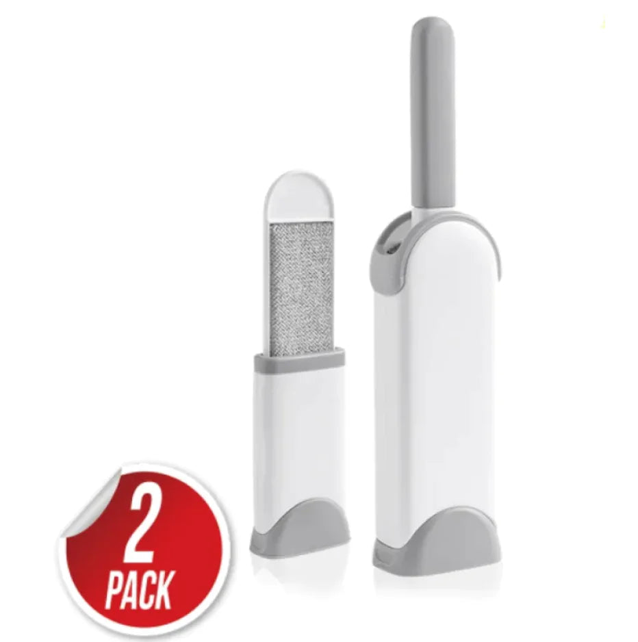 Two white and gray electrostatic pet grooming brushes with a red '2 Pack' label on a white background