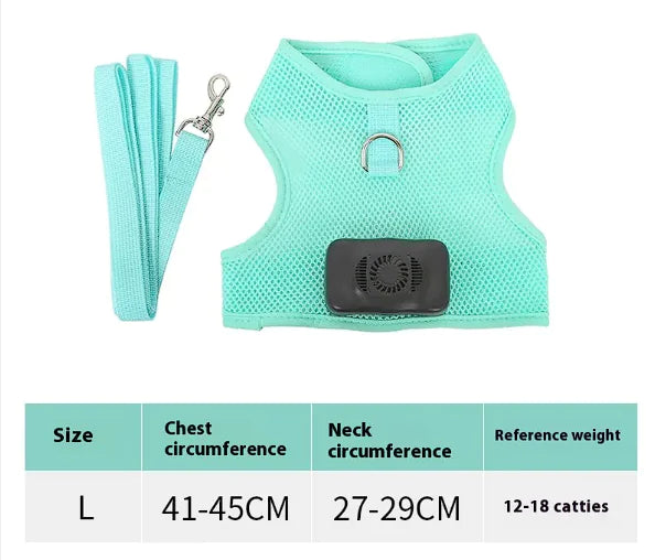 Green dog cooling chest harness featuring a battery operated cooling panel. Vest size is indicated as well as measurements and weight