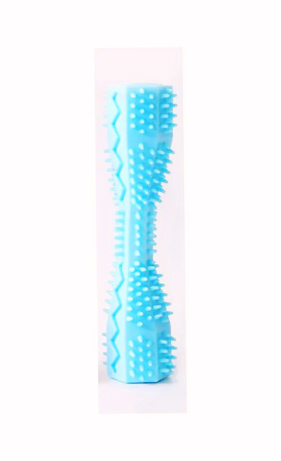 Light Blue (Sky) rubber doggie dental stick with textured bristles and ridges for cleaning teeth and massaging gums.
