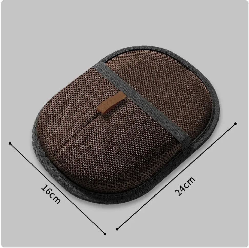 Dark brown grooming and cleaning glove for your dog or cat with glove dimensions.