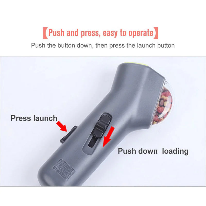 Gray (Mist) colored pup treat launcher shown with operation instructions to launch treats.
