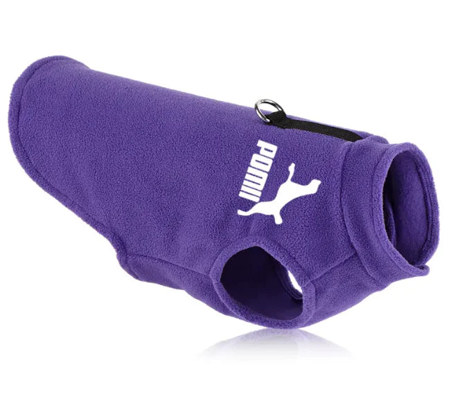 A Purple (Lavender) fleece vest for dogs with a white logo on the back and a ring attachment at the top.