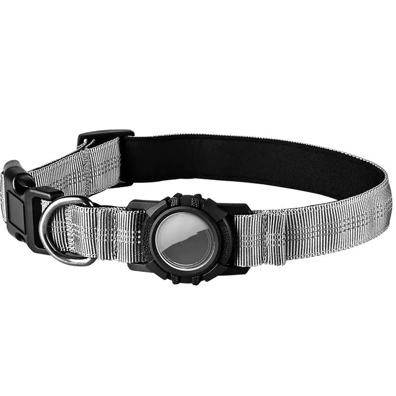 Durable cotton Gray (Mist) AirTag Doggy Tracker Collar that is reflective and waterproof for your pet's safety.