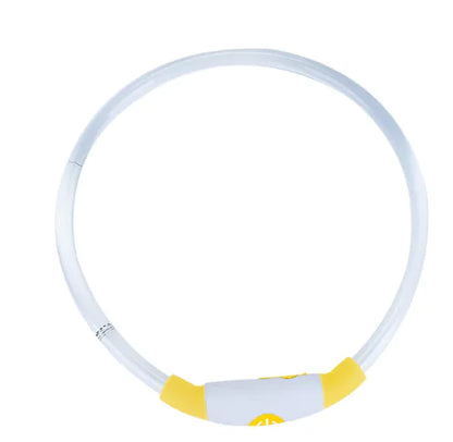 A yellow and white LED rechargeable pet collar made of nylon, with a visible LED light sectionfor safety during night strolls.