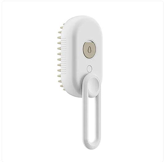White rechargeable adjustable grooming brush with steamer and soft bristles for pet massage and fur deshedding