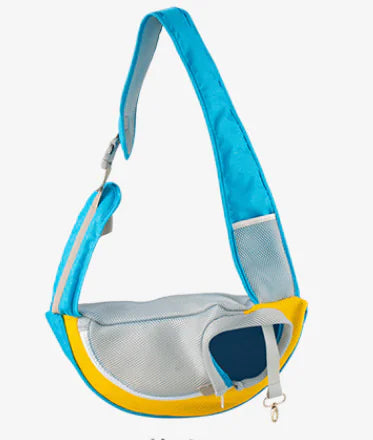Blue (Lake) dog carrier sling bag wih gray and yellow accents on a white background.
