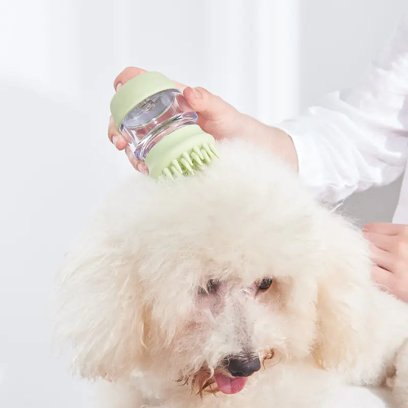 Doggy being groomed with a Green (Spring) colored silicone brush.