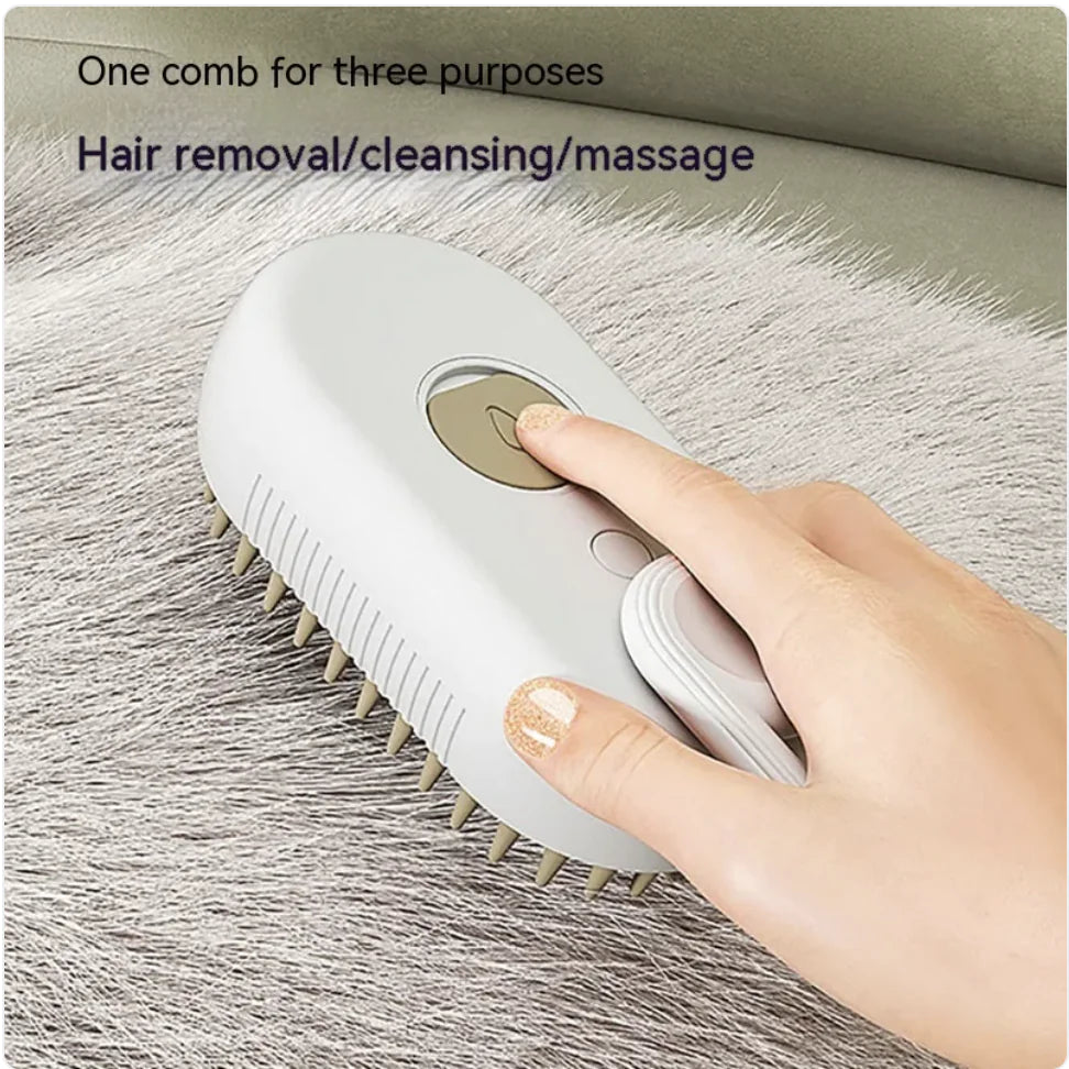 White rechargeable adjustable grooming brush with steamer for dog massage and deshedding being used to groom a dog.