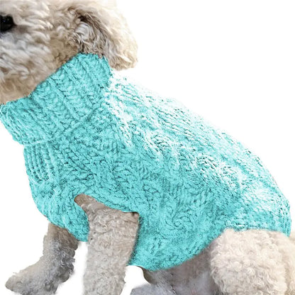 Dog wearing a soft Light Blus (Sky) wool blend sweater. This sweater is a stylish and warm option when walking your pet on chilly days.