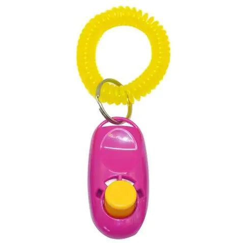 Pink (Bubblegum) dog clicker training tool with a key ring and yellow strap, featuring a raised button for easy clicking.