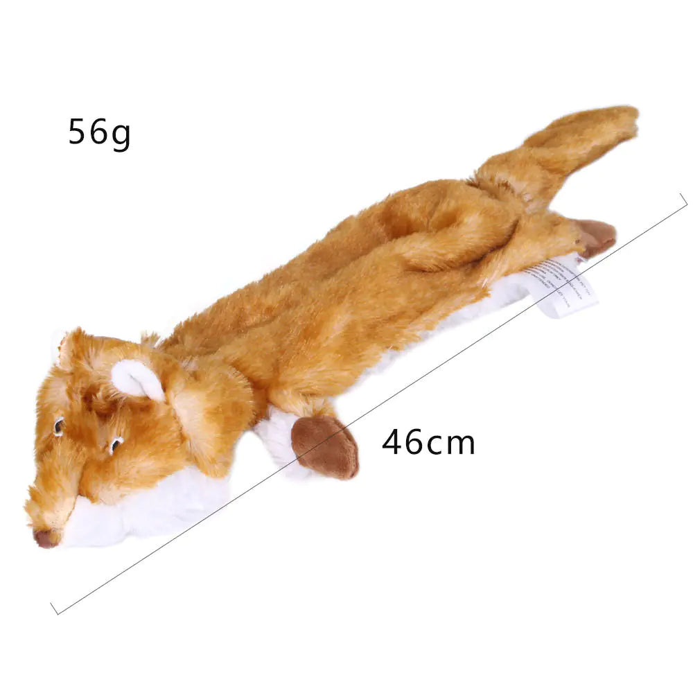 A plush dog chew toy resembling a yellow squirrel. Made of soft materials, gentle on teeth, toy reduces pet's anxiety.
