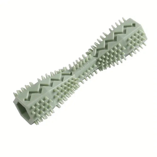 Gray dog chew toy made of pet-safe soft rubber with textured ridges that provide both teeth cleaning and gum massage.