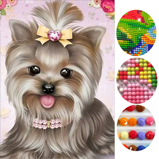 Completed Glam Pup Diamond Art Kit with  a closeup look of the beads used to create the picture displayed to the right of the picture.
