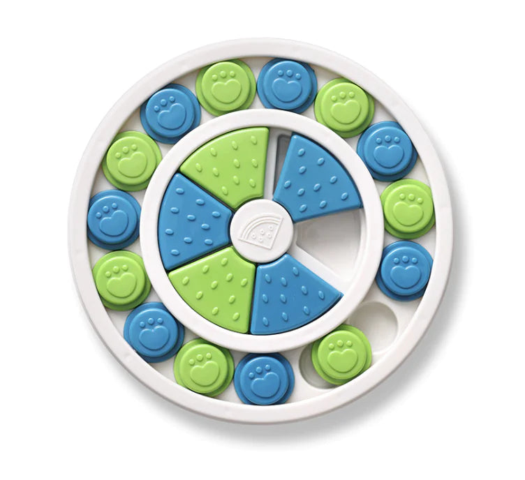 Round Green Spring Doggie Puzzle Board with slots for treals. Design combines snack time with game time for your curious pet.
