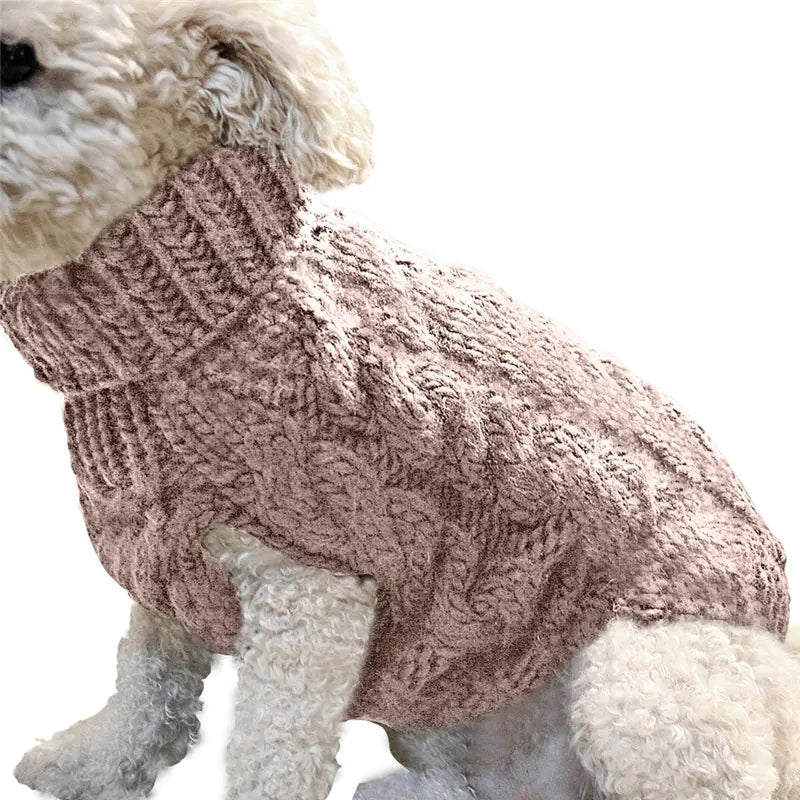 Pet wearing a soft Beige (Sand) wool blend sweater. This sweater is a stylish and warm option when walking your pup on chilly days.