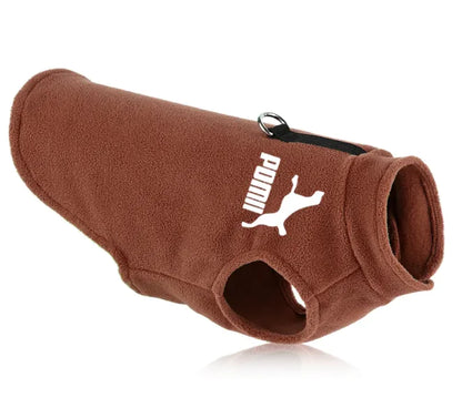 A Brown (Coffee) fleece vest for dogs with a white logo on the back and a ring attachment at the top.