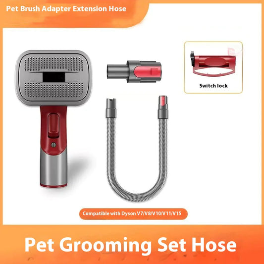 Pet grooming set with brush adapter, extension hose, and switch lock on a white background.