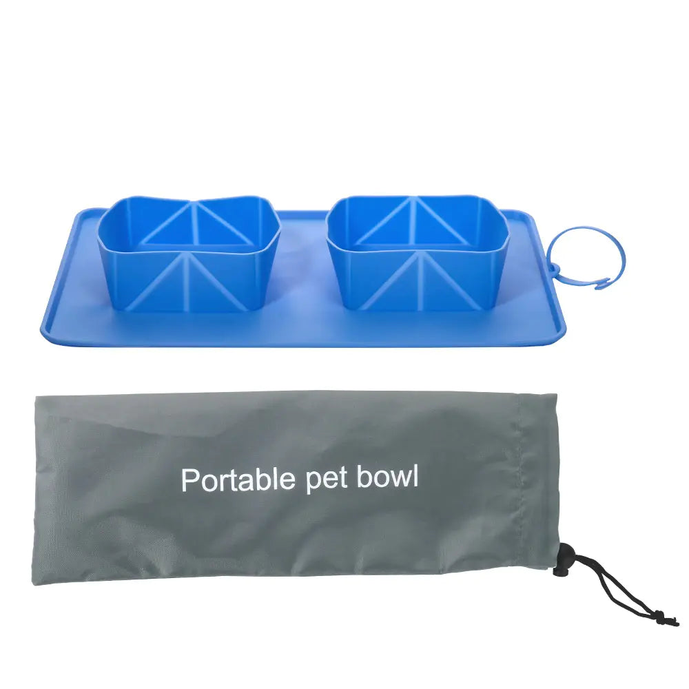 Portable pet bowl made of silicone, displayed with its carrying bag. Bowl  is Light Blue (Sky) and bag is Gray (Mist).
