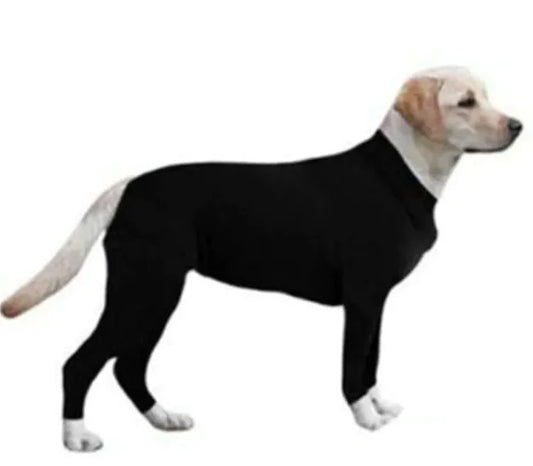 Dog wearing a Black (Midnight) anxiety relief jumpsuit. Soft and breathable jumpsuit applies gentle pressure to reduce stress.