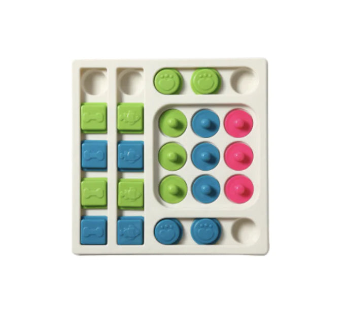 Square White (Pearl) Dog Puzzle Board with slots for treals. Design combines snack time with game time for your curious doggy.