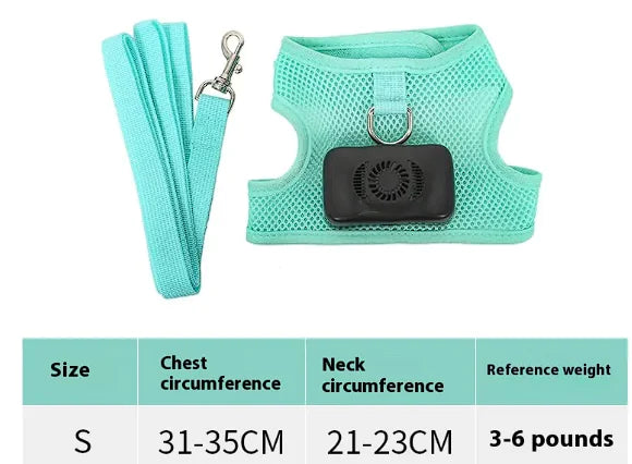 Light Green (Mint) dog cooling chest harness featuring a battery operated cooling panel. Vest size is indicated as well as measurements and weight