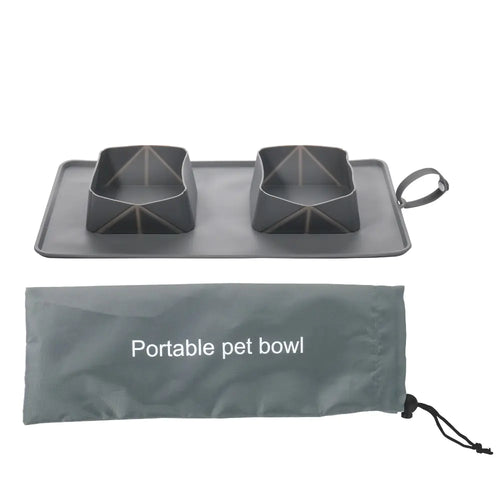 Portable pet bowl made of silicone, displayed with its carrying bag. Bowl and bag have a Gray (Mist) color.