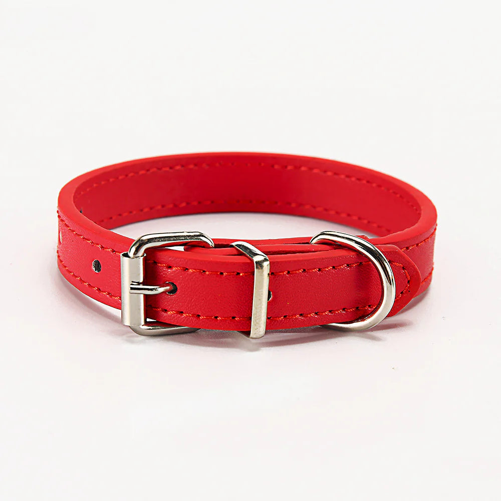 Soft adjustable Red (Ruby) leather dog collar with silver buckle on a white background