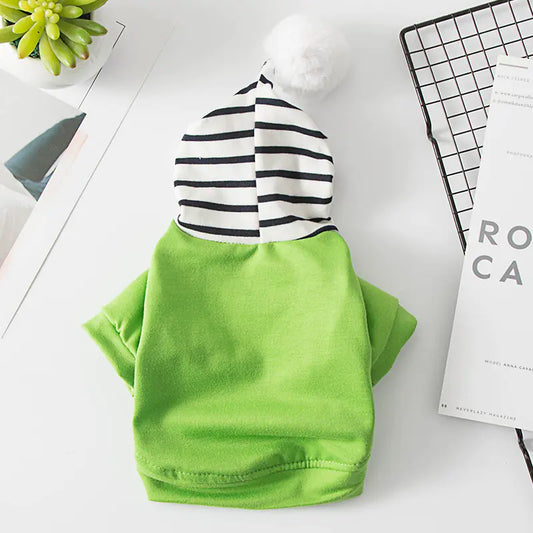 Green (Spring) polyester pet hoodie with black and white striped hood and white pom-pom, cozy and comfortable for a fun dog walk.
