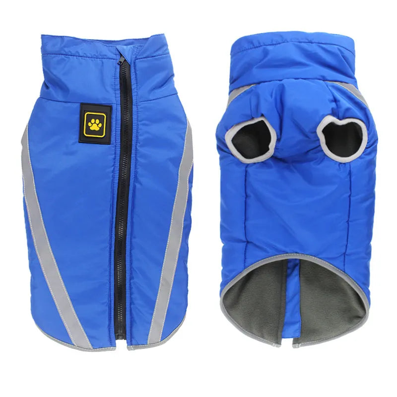 A blue windproof doggie jacket with cutouts for the dog's legs. Featuring  adjustable straps & velcro for a snug 