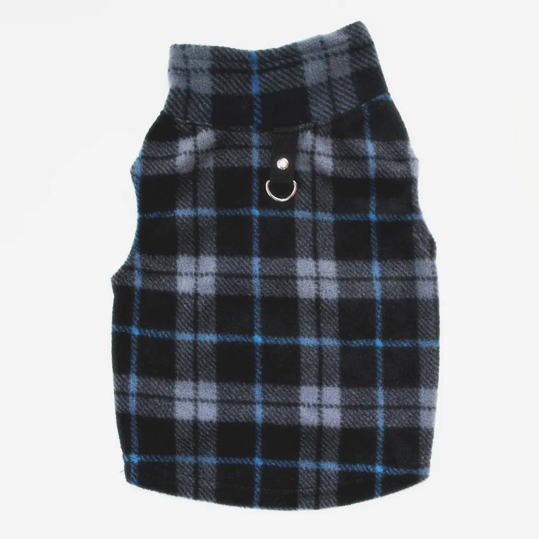 Plaid pet vest harness on a white background. Made of soft polar fleece for your pup's warmth and comfort.