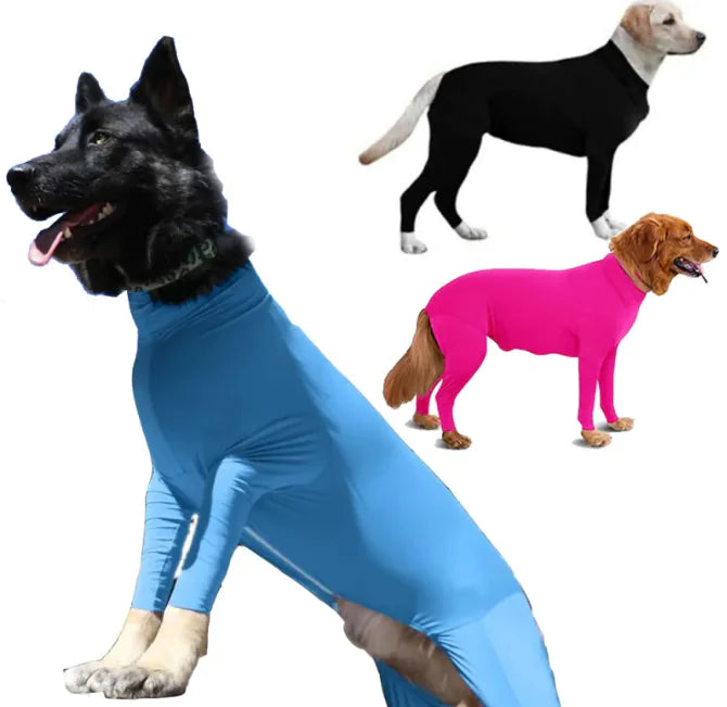 Three dogs wearing anti-anxiety jumpsuits. Soft and breathable jumpsuits apply gentle pressure to reduce stress.