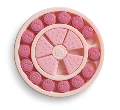 Round Pink (Rose) Doggie Puzzle Board with slots for treals. Design combines snack time with game time for your curious pet.