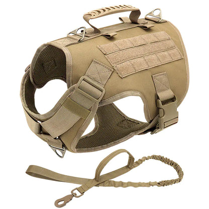Brown (Khaki) tactical dog vest with a leash on a white background