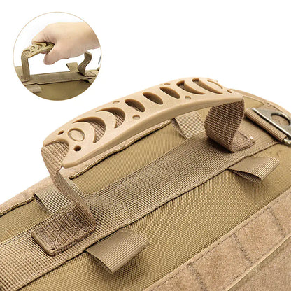 Brown (Khaki) tactical doggy harness with a close-up of the control handle.