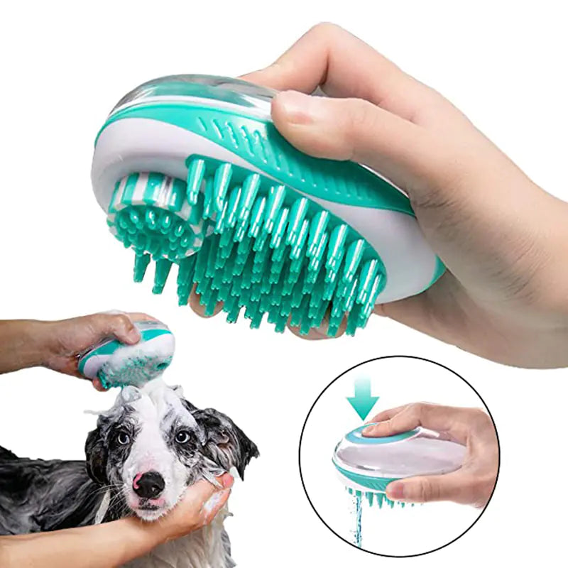 Spring (Green) and white silicone 
doggy brush being used to groom and bath the owner's pet with an inset showing  soap being dispensed.