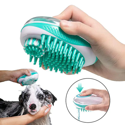 Spring (Green) and white silicone 
doggy brush being used to groom and bath the owner's pet with an inset showing  soap being dispensed.