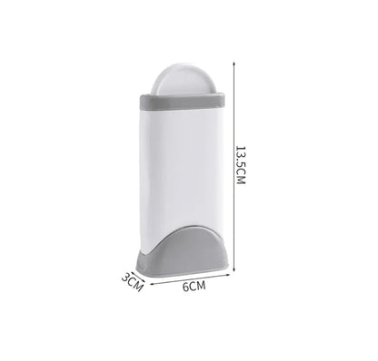 Gray and white container for electrostatic pet grooming brush with dimensions on a white background