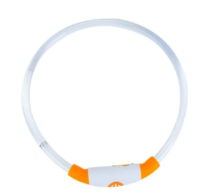 A orange and white LED rechargeable dog collar made of nylon, with a visible LED light sectionfor safety during night strolls.