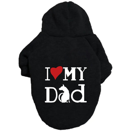 Black pet hoodie with ‘I ❤️ MY DAD’ print on a white background. Made of soft polyester for your dog's warmth and comfort.