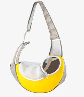 Gray (Mist) pet carrier sling bag wih white and yellow accents on a white background.